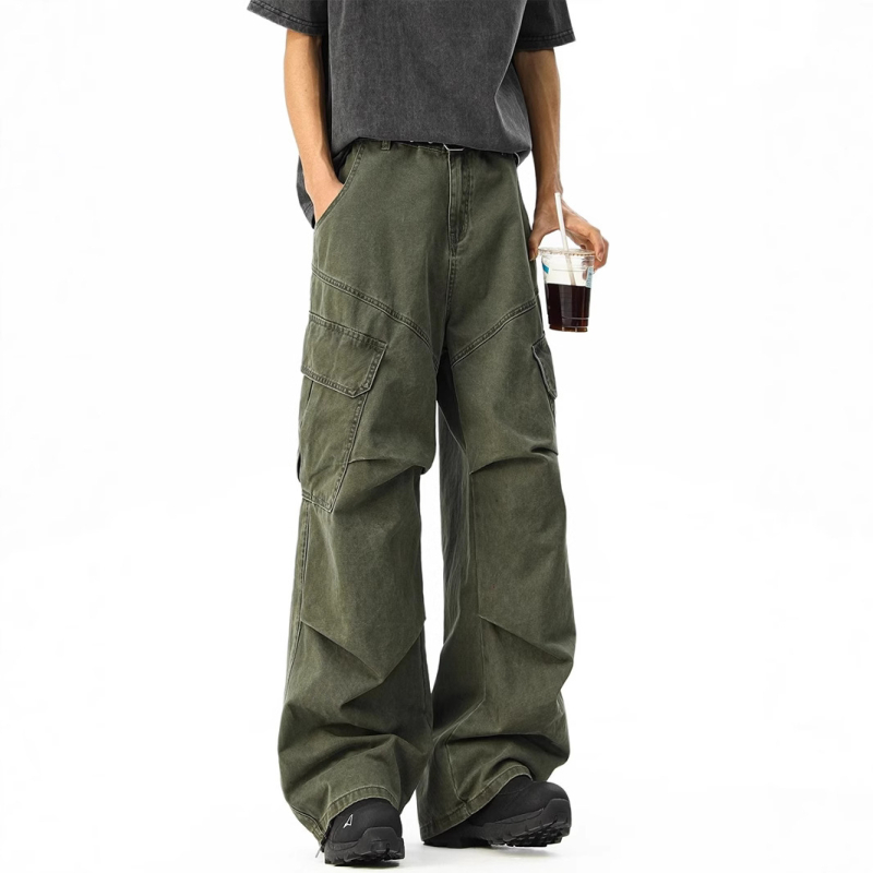 Muške cargo hlače u američkom retro stilu, oprane, s plisama, opuštenog kroja, širokih nogavica, za proljeće i jesen, casual streetwear