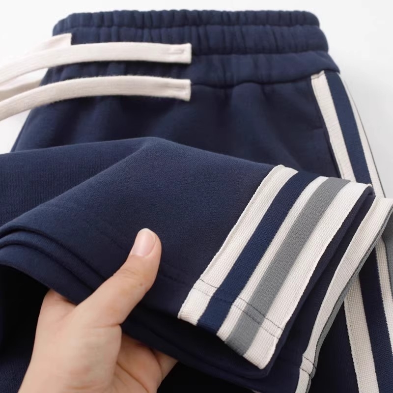 340 g teške hlače mornarsko plave boje sa bočnom trakom, ravnog kroja, široke nogavice, za žene i muškarce, svestran sportsko-casual stil
