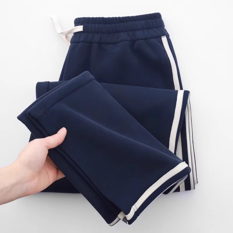 340 g teške hlače mornarsko plave boje sa bočnom trakom, ravnog kroja, široke nogavice, za žene i muškarce, svestran sportsko-casual stil