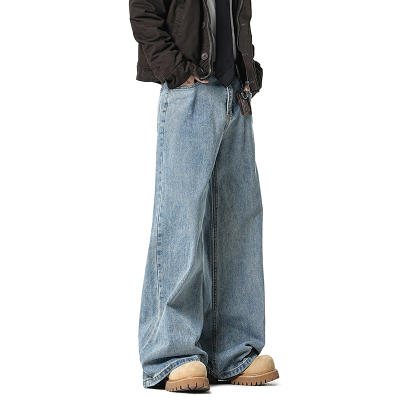 Amerikai stílusú férfi farmernadrág laza szabású, széles lábbal, denim, tavasz 2026
