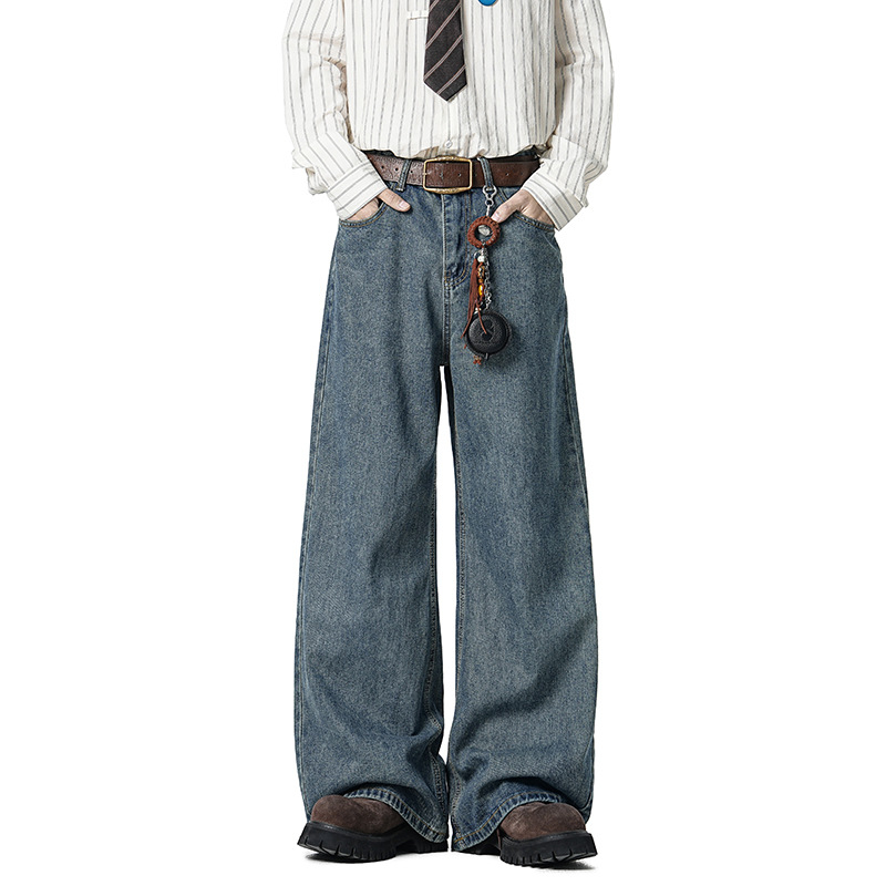 Amerikai stílusú férfi farmernadrág laza szabású, széles lábbal, denim, tavasz 2026