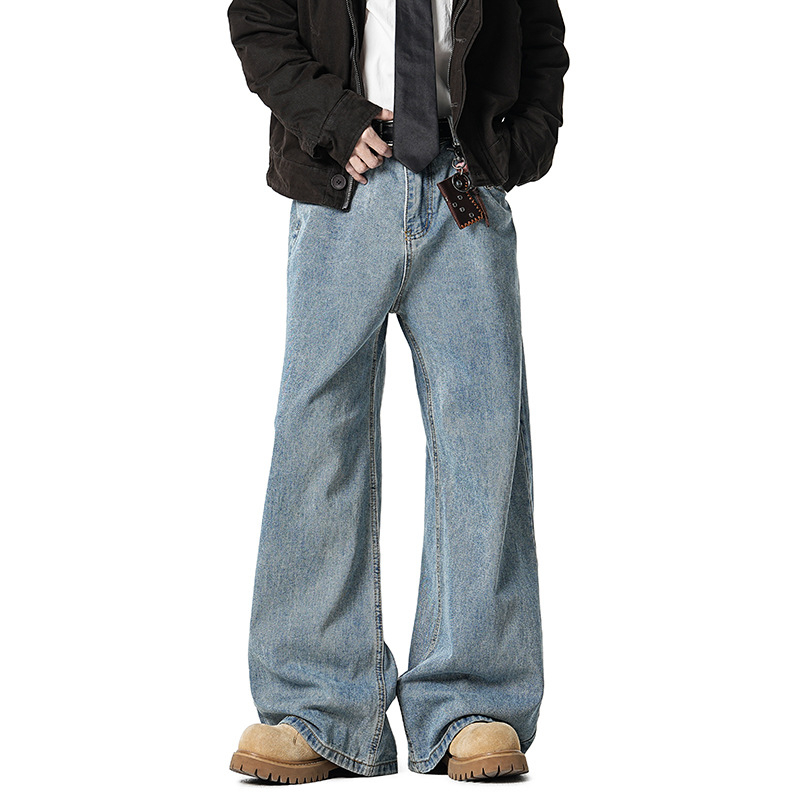 Amerikai stílusú férfi farmernadrág laza szabású, széles lábbal, denim, tavasz 2026