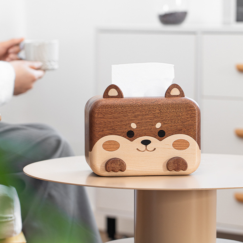Kutija za maramice Shiba Inu – stolna dekoracija od drveta, elegantan kućni ukras, dar za useljenje