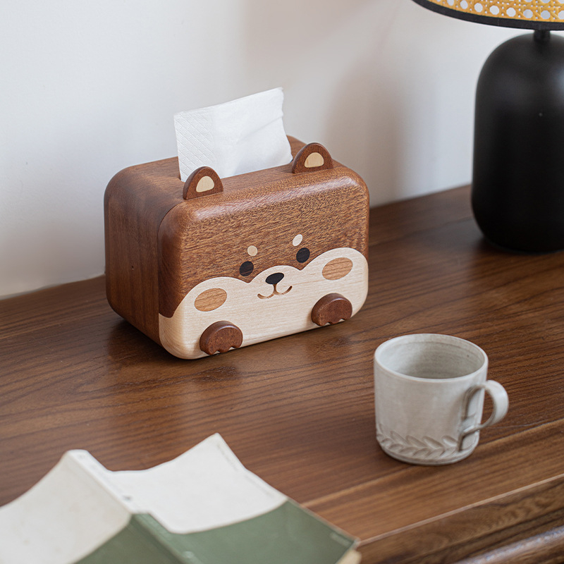 Kutija za maramice Shiba Inu – stolna dekoracija od drveta, elegantan kućni ukras, dar za useljenje