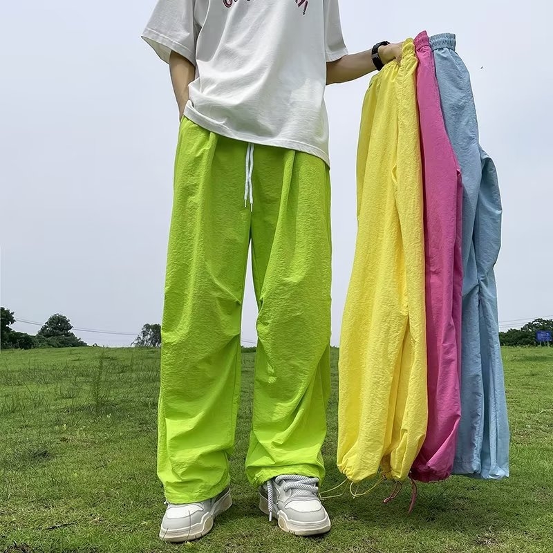 Fényzöld, gyorsan száradó ejtőernyős nadrág férfiaknak, oversize, széles szabás, nyári vékony kivitel
