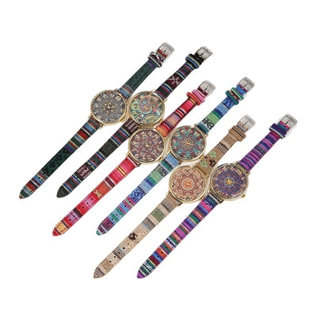 Geridun ženski kvarcni sat s šarenom platnenom narukvicom, boemski etnički stil, okrugli brojčanik 38 mm