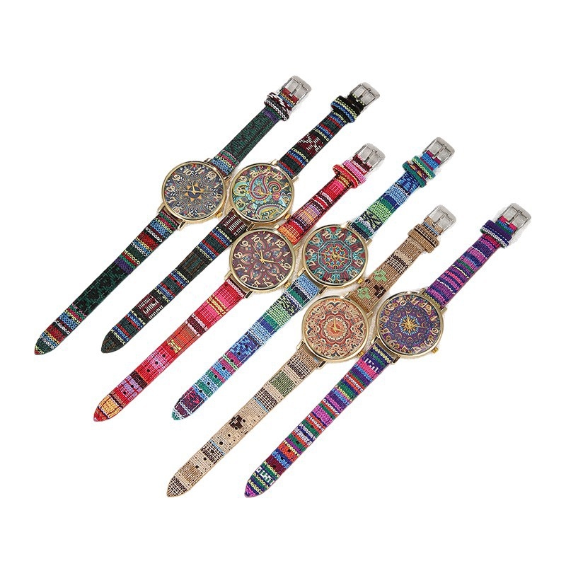 Geridun ženski kvarcni sat s šarenom platnenom narukvicom, boemski etnički stil, okrugli brojčanik 38 mm