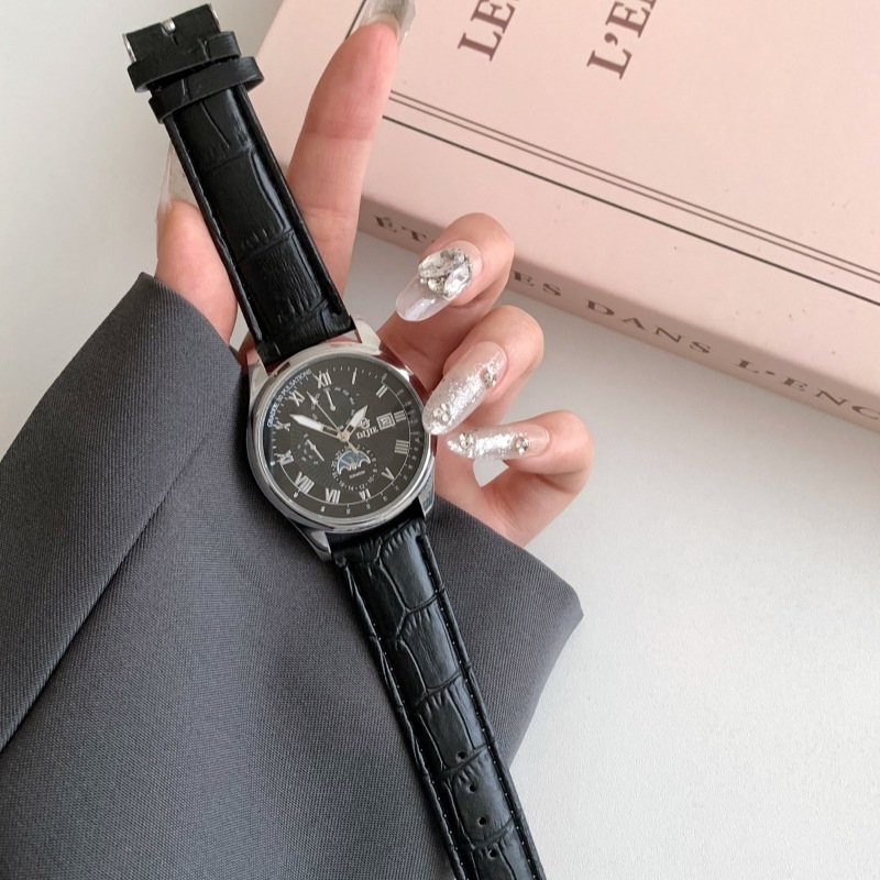 Unisex sat za tinejdžere, moderan casual stil, velik okrugli brojčanik 40 mm, kvarc, narukvica od umjetne kože, dekorativni detalji, svijetli u tami, kalendar