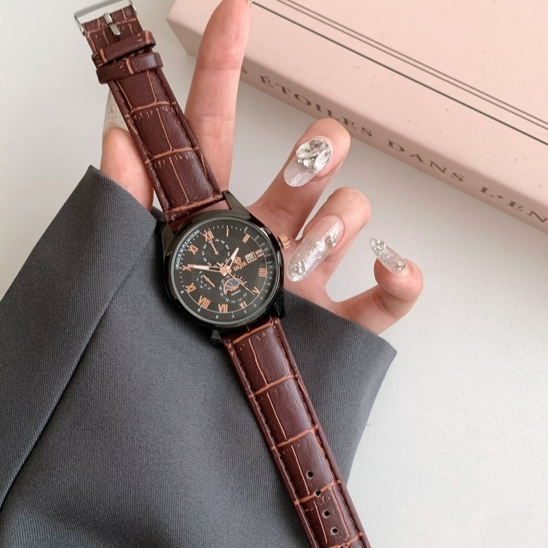 Unisex sat za tinejdžere, moderan casual stil, velik okrugli brojčanik 40 mm, kvarc, narukvica od umjetne kože, dekorativni detalji, svijetli u tami, kalendar