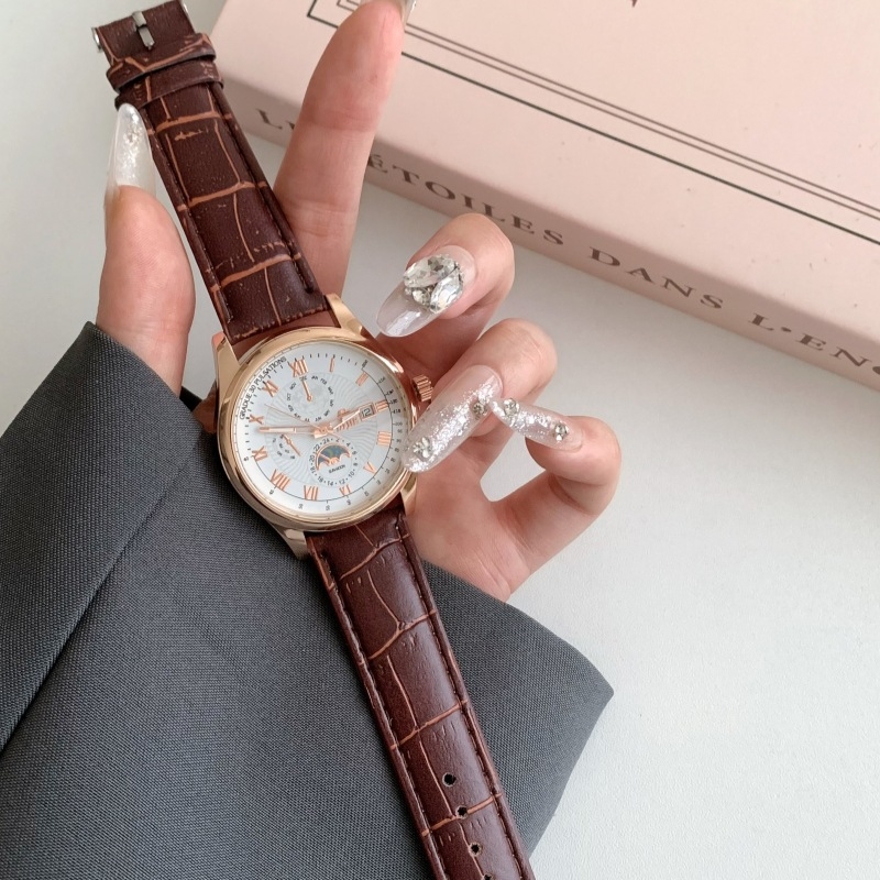 Unisex sat za tinejdžere, moderan casual stil, velik okrugli brojčanik 40 mm, kvarc, narukvica od umjetne kože, dekorativni detalji, svijetli u tami, kalendar