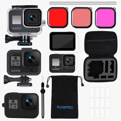 GoPro Hero8 Black kiegészítőket tartalmazó készlet: víz alatti ház, szűrők, tárolótáska, edzett üveg kijelzővédő