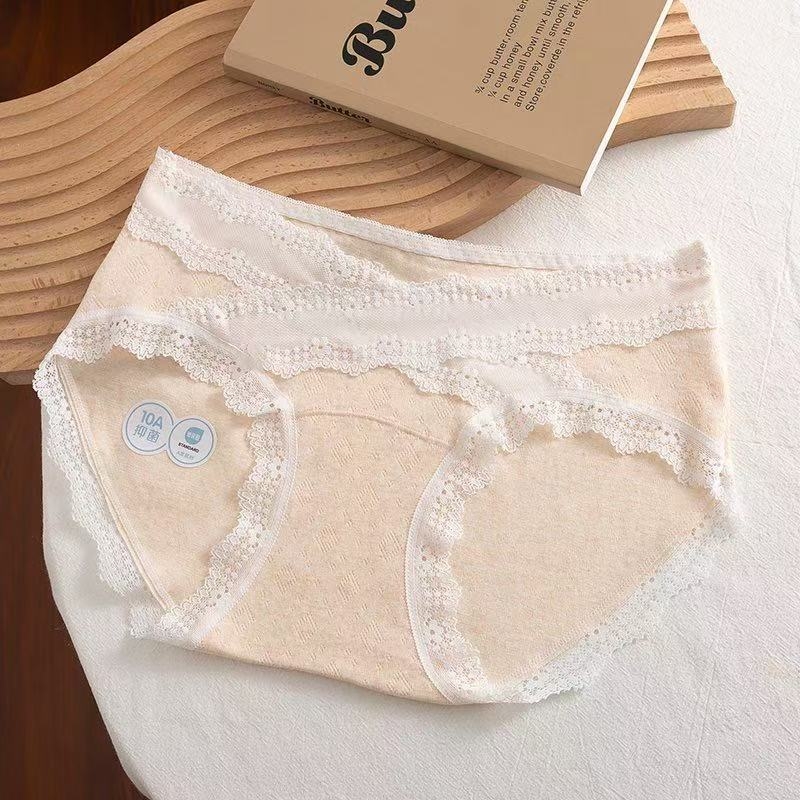 10A jacquard pamukaste ženske gaćice s čipkom, prozračan dizajn, pokrivaju bokove, bez šavova, pamukasti predeo