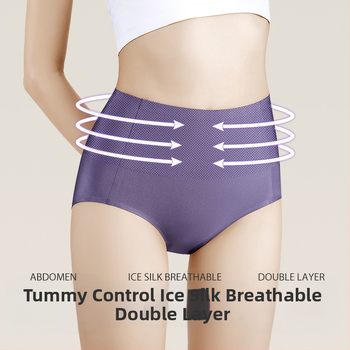 Ženske gaćice od ice silk s visokim strukom, kontrolom trbuha, prozračne tanke, s pamukom ušivenim klinom