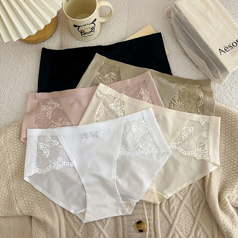 Ženske bezšivne bikini gaćice s cvjetnim uzorkom, srednji pojas, čipka, Ice Silk