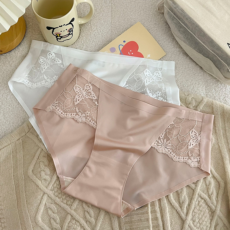 Ženske bezšivne bikini gaćice s cvjetnim uzorkom, srednji pojas, čipka, Ice Silk