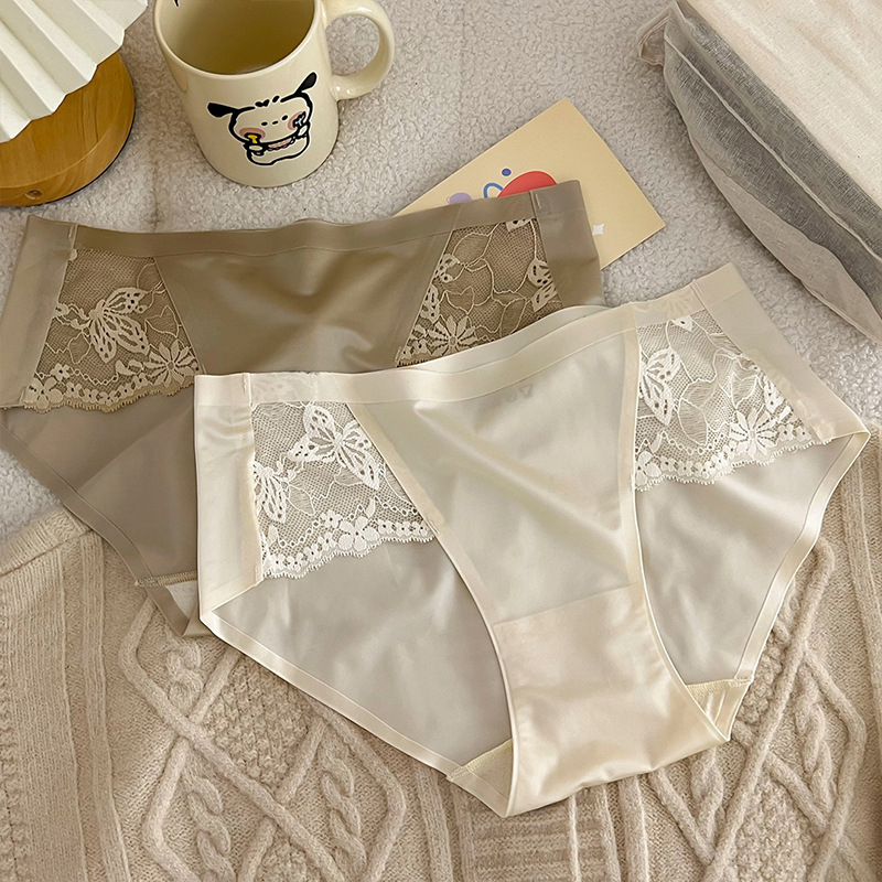 Ženske bezšivne bikini gaćice s cvjetnim uzorkom, srednji pojas, čipka, Ice Silk