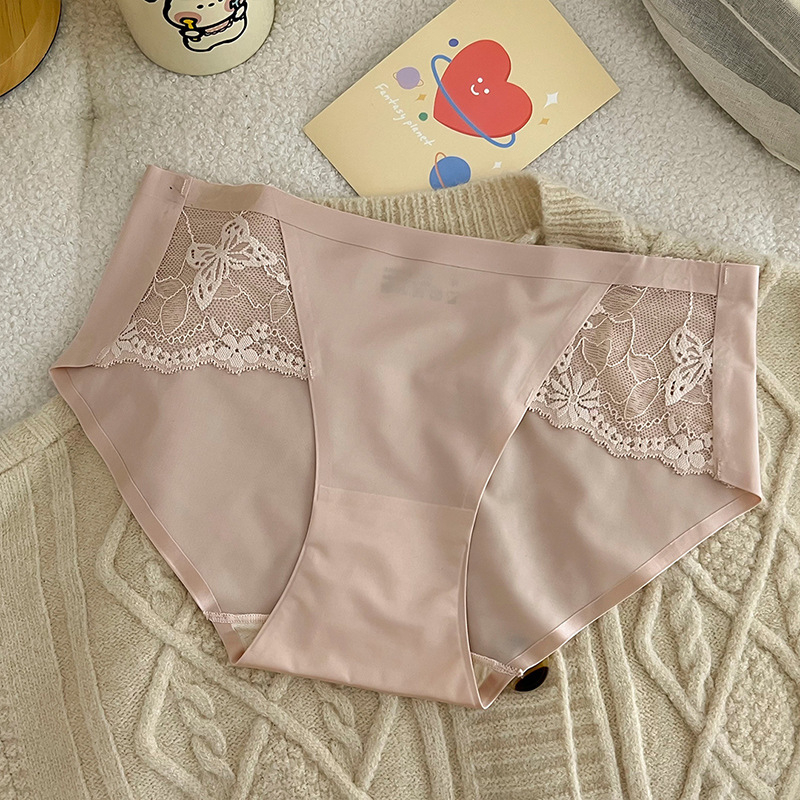 Ženske bezšivne bikini gaćice s cvjetnim uzorkom, srednji pojas, čipka, Ice Silk
