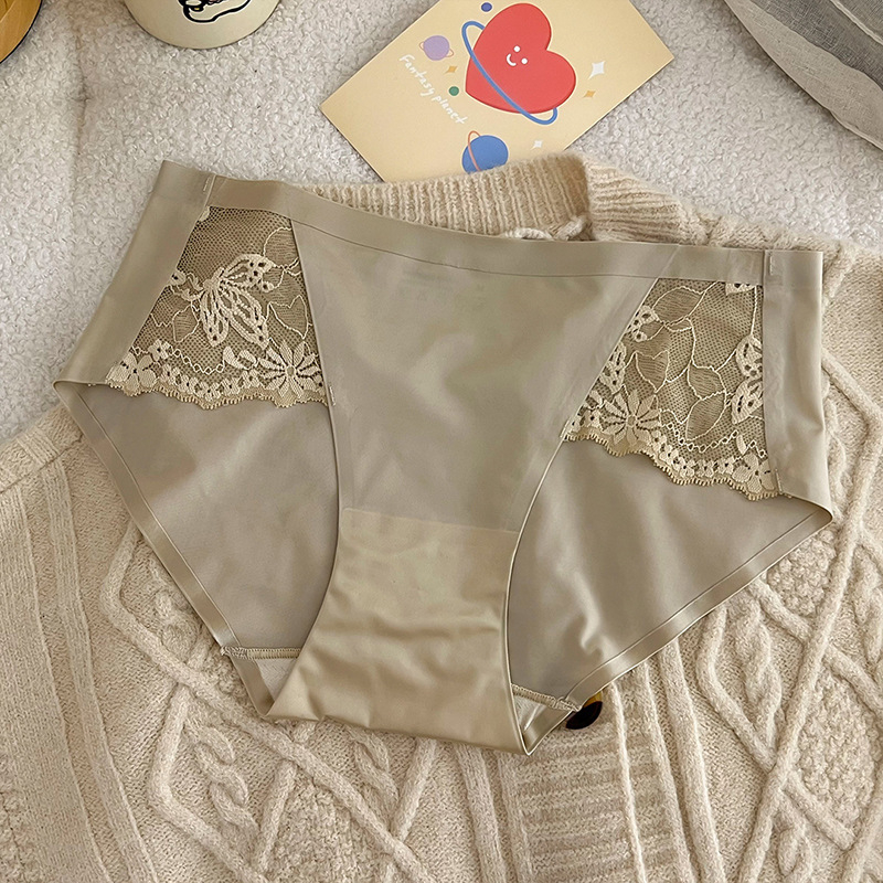 Ženske bezšivne bikini gaćice s cvjetnim uzorkom, srednji pojas, čipka, Ice Silk