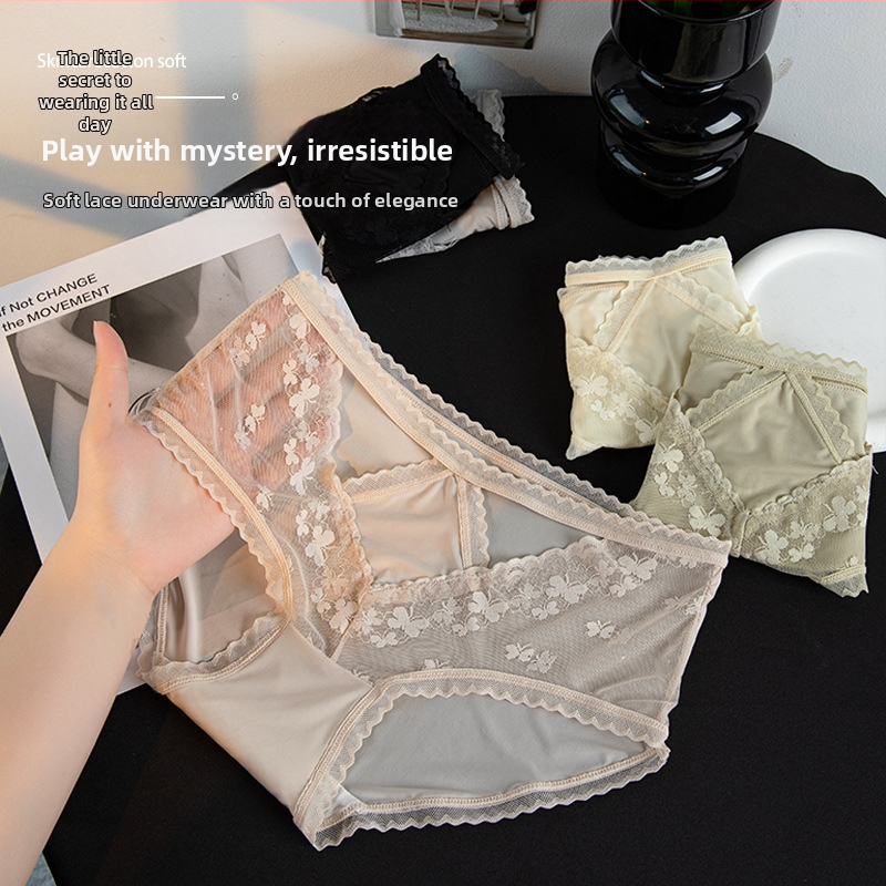Francuski stil mrežaste čipkaste gaćice u nude nijansi, crotchless, srednje visoke, za žene