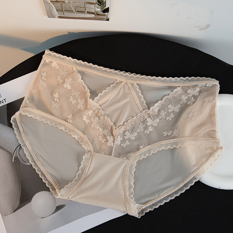 Francuski stil mrežaste čipkaste gaćice u nude nijansi, crotchless, srednje visoke, za žene