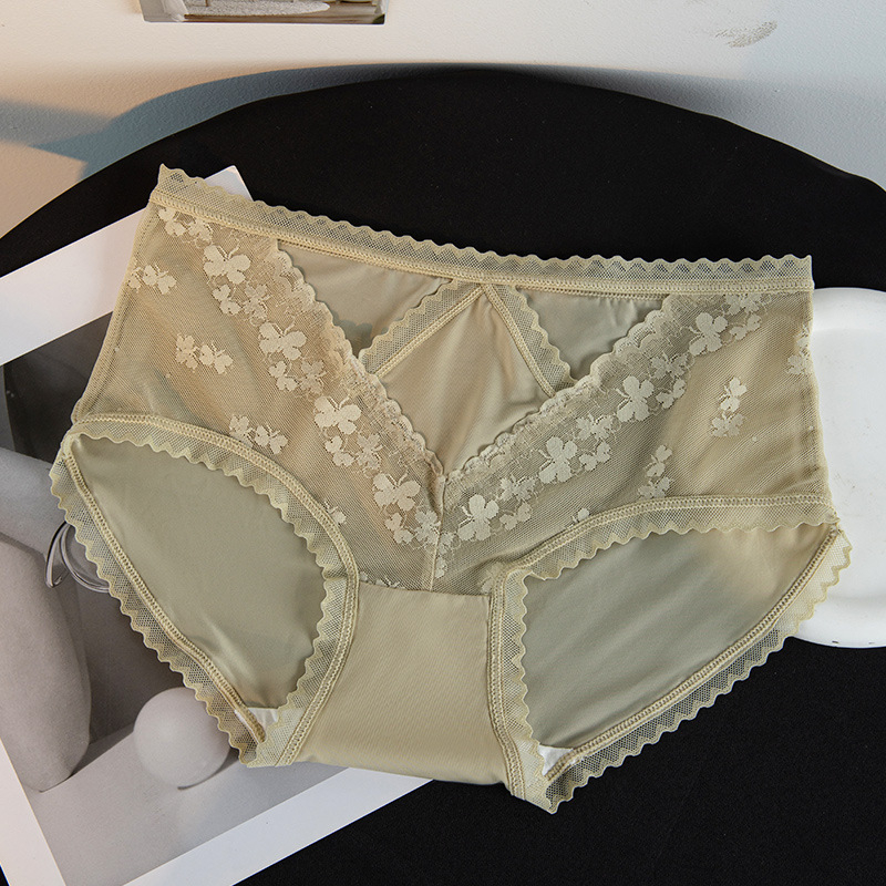 Francuski stil mrežaste čipkaste gaćice u nude nijansi, crotchless, srednje visoke, za žene