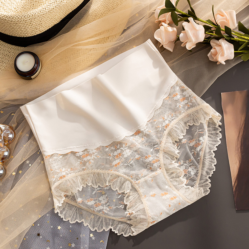 Ženske gaćice s visokim strukom i izvezenim detaljima, prozračna čipka, pamukova podstava u području prepona, tanki Ice Silk materijal