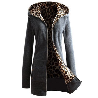 Ženski džemper s kapuljom i leopard printom, debeli pleteni materijal, oversize kroj, dugačka duljina, poliester