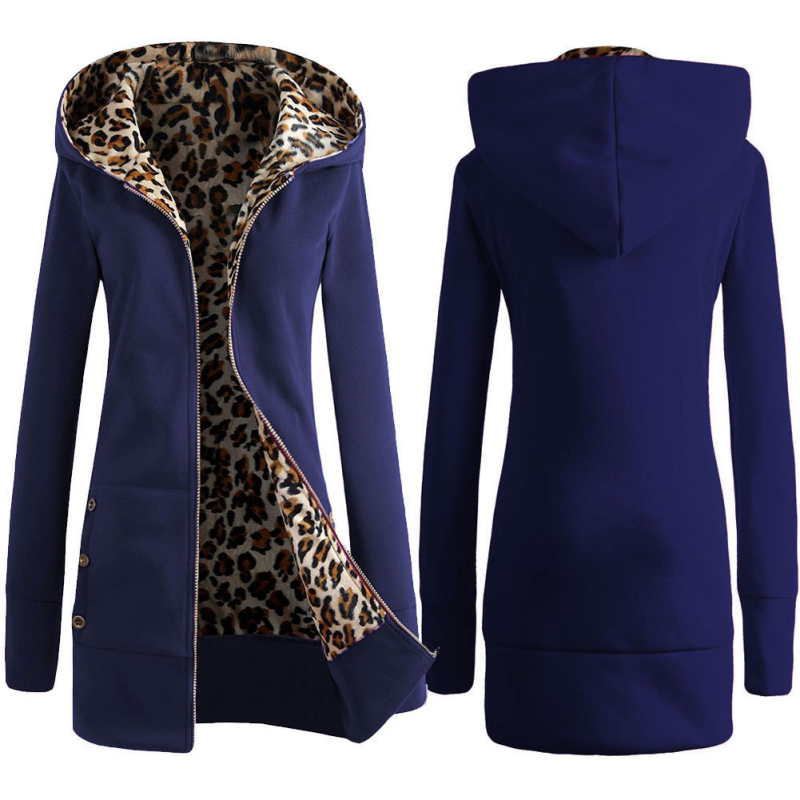 Ženski džemper s kapuljom i leopard printom, debeli pleteni materijal, oversize kroj, dugačka duljina, poliester