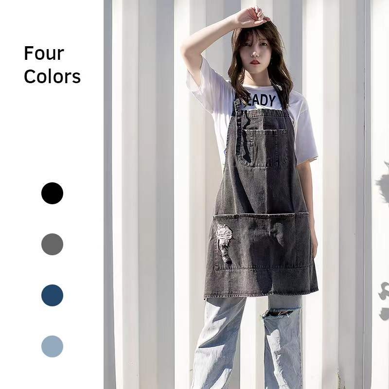 Pamučna pregača s denim efektom, oprana, bez rukava, modernog minimalističkog stila, jednobojna, jedna veličina.