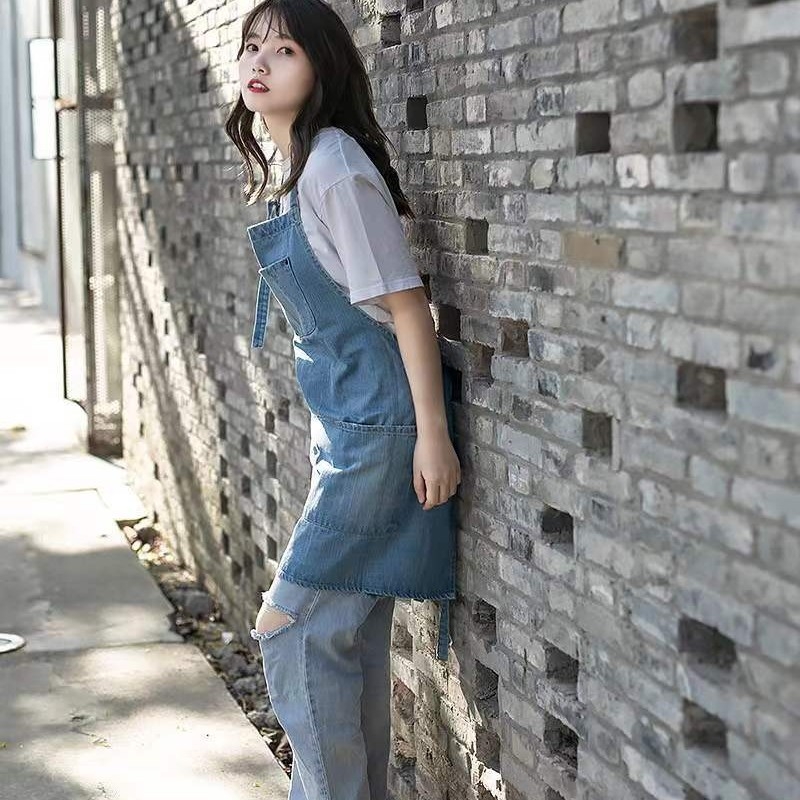 Pamučna pregača s denim efektom, oprana, bez rukava, modernog minimalističkog stila, jednobojna, jedna veličina.