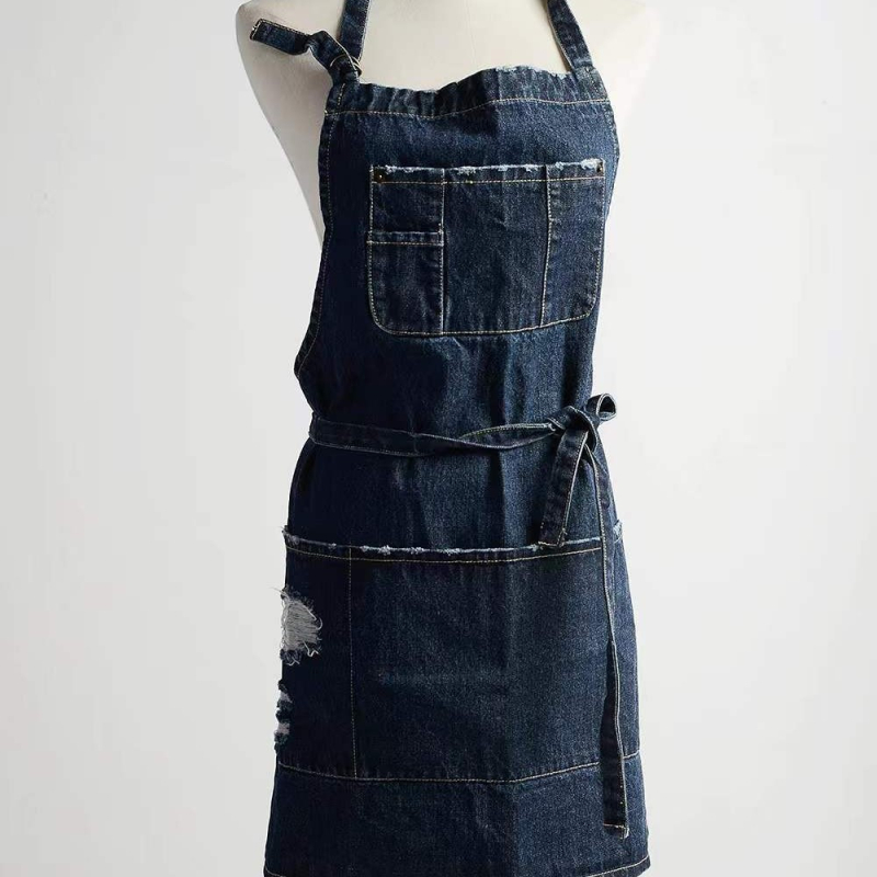 Pamučna pregača s denim efektom, oprana, bez rukava, modernog minimalističkog stila, jednobojna, jedna veličina.