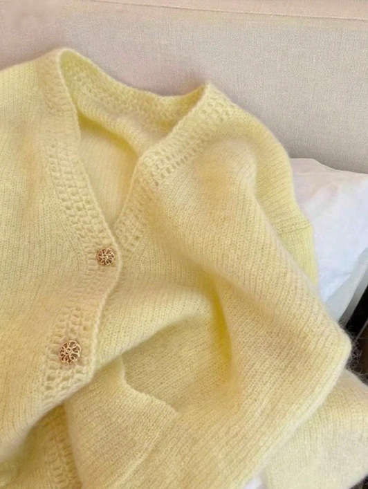 Ženski ružičasti pleteni kardigan s V-izrezom, elegantan jesensko-zimski stil, ležeran