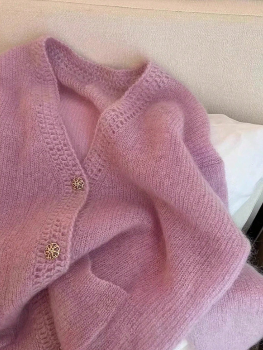 Ženski ružičasti pleteni kardigan s V-izrezom, elegantan jesensko-zimski stil, ležeran