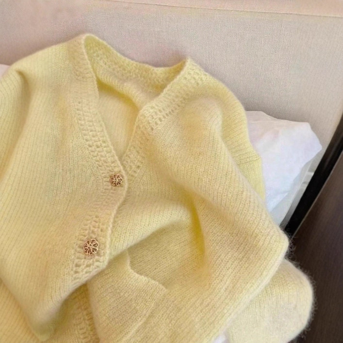 Ženski ružičasti pleteni kardigan s V-izrezom, elegantan jesensko-zimski stil, ležeran