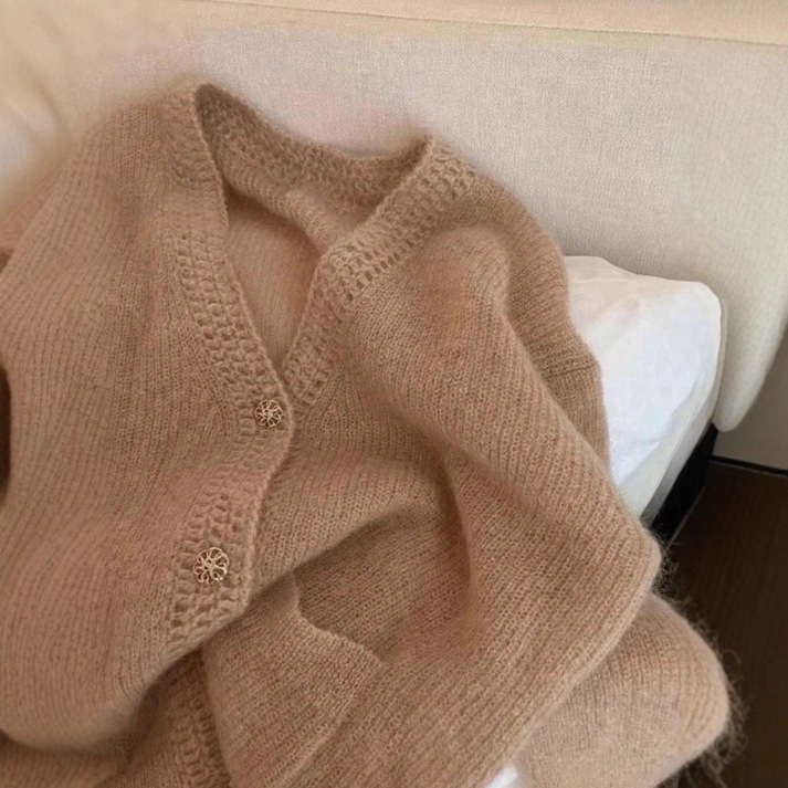 Ženski ružičasti pleteni kardigan s V-izrezom, elegantan jesensko-zimski stil, ležeran