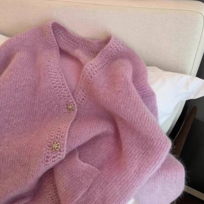 Ženski ružičasti pleteni kardigan s V-izrezom, elegantan jesensko-zimski stil, ležeran