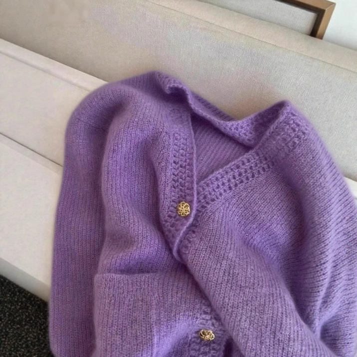 Ženski ružičasti pleteni kardigan s V-izrezom, elegantan jesensko-zimski stil, ležeran