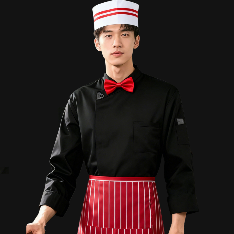 Șorț de bucătărie pentru hotel, pentru bucătari și ospătari, alb-negru, în dungi alb-negru, șorț jumătate, personalizabil