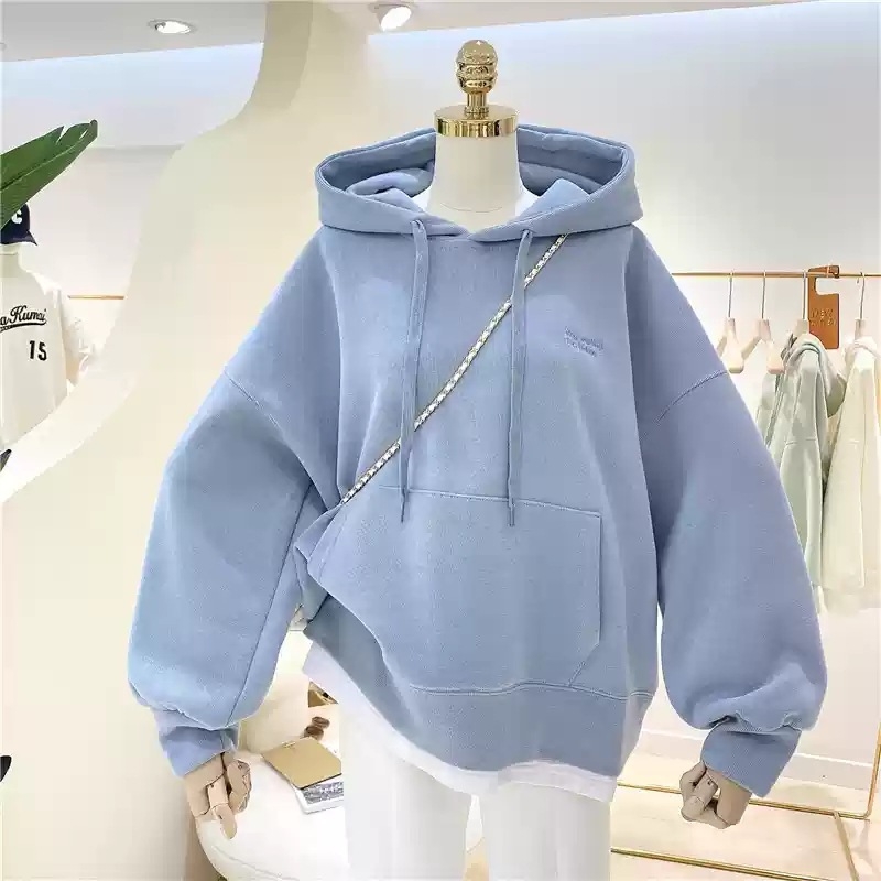 Női vastag kapucnis pulóver fleece belsővel, laza szabás, két részes hatású megjelenés, őszi-téli szezonra