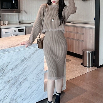 Ženski dvodijelni set: pleteni džemper i midi suknja, korejski stil, za jesen-zimu