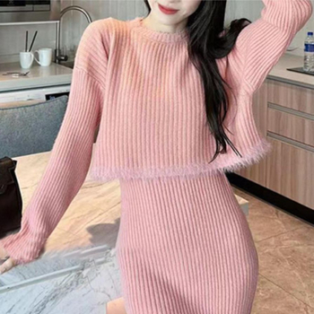 Ženski dvodijelni set: pleteni džemper i midi suknja, korejski stil, za jesen-zimu