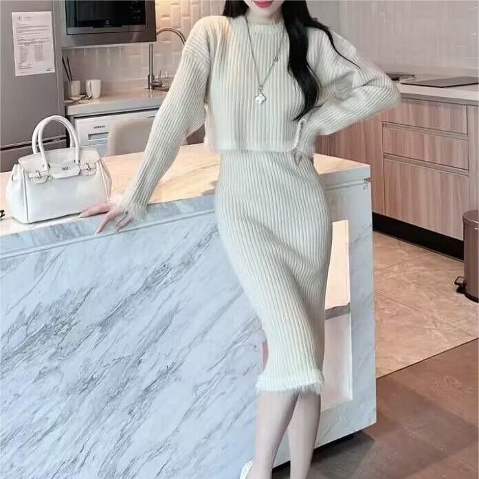 Ženski dvodijelni set: pleteni džemper i midi suknja, korejski stil, za jesen-zimu