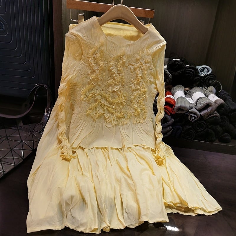 Elegantni dvodijelni set: ručno izrađeni plisirani vrh s cvjetnim detaljima i usklađena midi suknja, ženski jesenski stil.