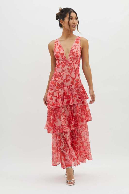 Chiffon anyagú halterneck ruha virágos mintával, karcsú szabás, nyár 2025