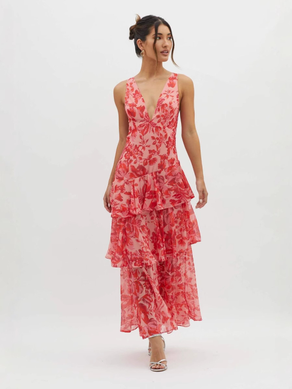 Chiffon anyagú halterneck ruha virágos mintával, karcsú szabás, nyár 2025