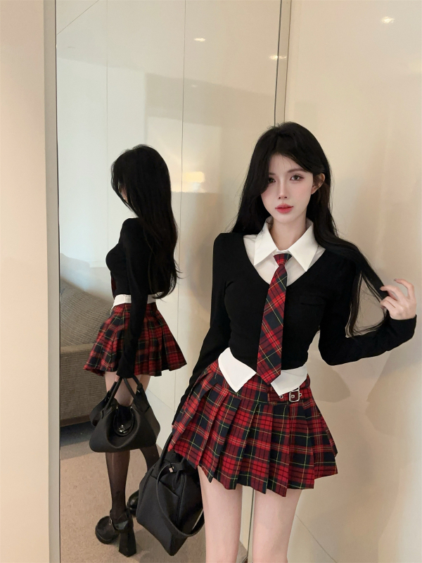 Jesensko-zimski JK uniformni set za sitnije žene, stil fakulteta, top i mini suknja s visokim strukom