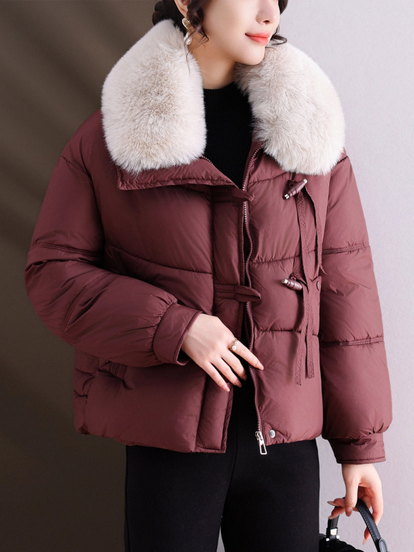 Geacă de iarnă pentru femei de vârstă mijlocie și în vârstă, cu umplutură de bumbac și țesătură poliester, stil elegant casual, guler imitatie blană, imprimeu floral