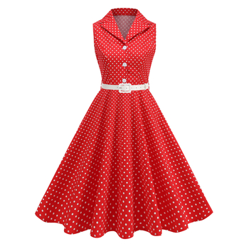 Retro Hepburn-stílusú pöttyös ruha, kiemeli a derekat, ujjatlan, A-vonalú midi hosszúságú