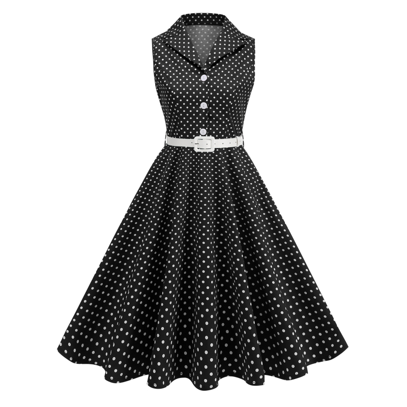 Retro Hepburn-stílusú pöttyös ruha, kiemeli a derekat, ujjatlan, A-vonalú midi hosszúságú