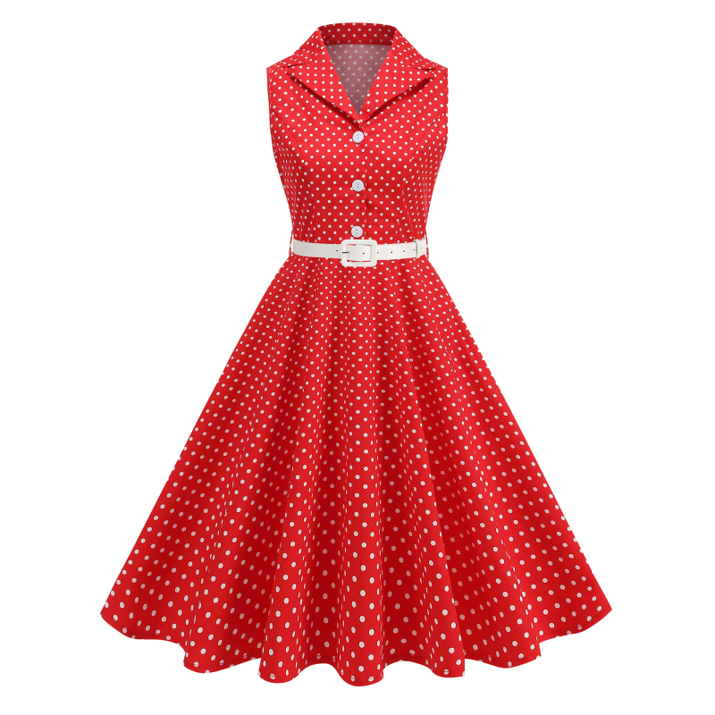 Retro Hepburn-stílusú pöttyös ruha, kiemeli a derekat, ujjatlan, A-vonalú midi hosszúságú